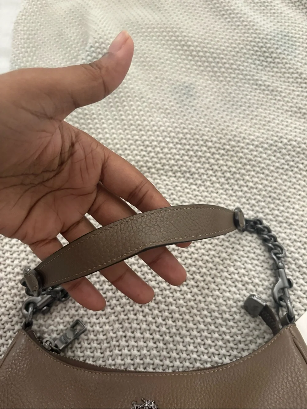 Coach Pebbled Leather Shoulder Bag in Taupe Brown with Gunmetal Chain